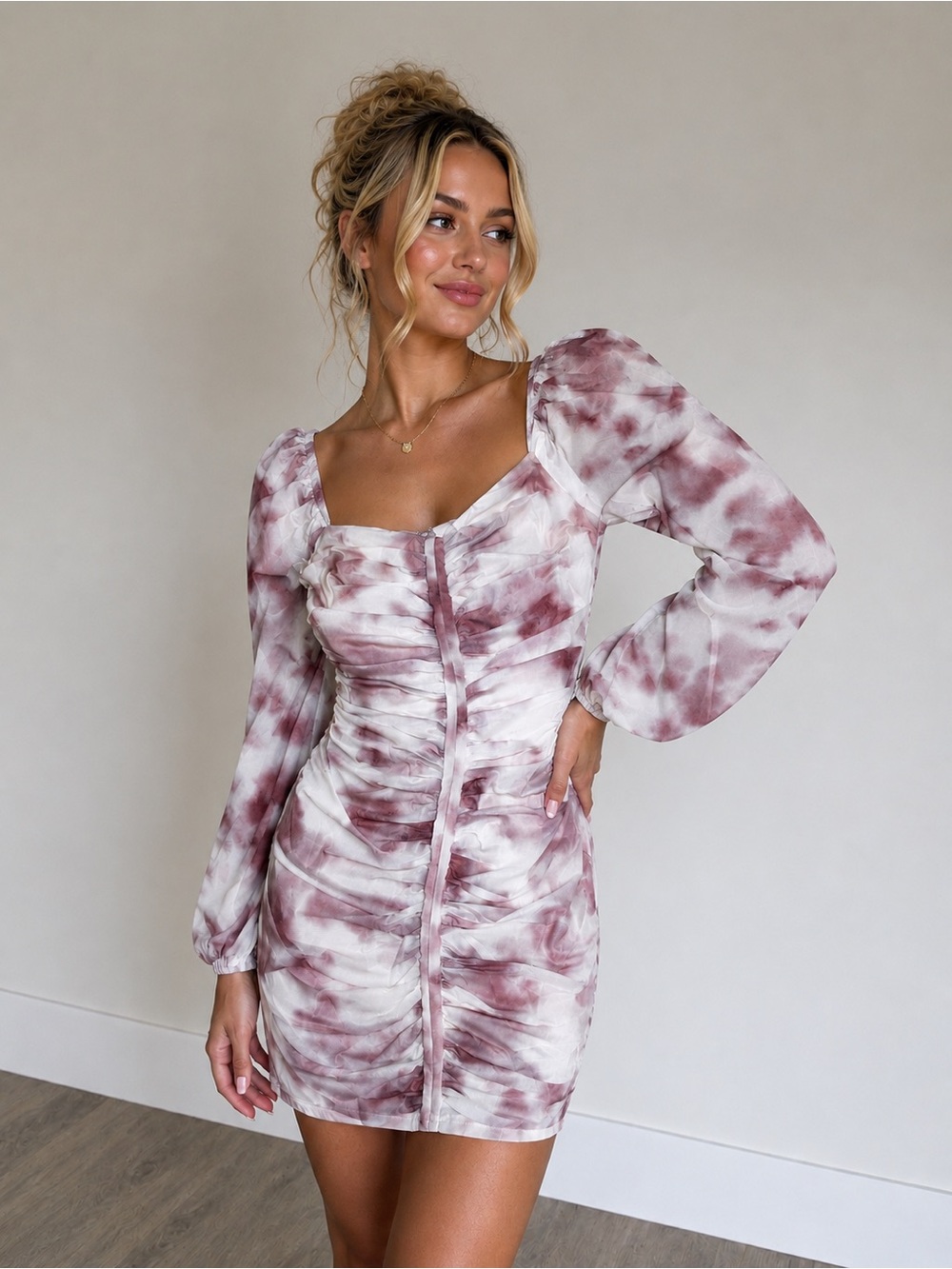 Tie-Dye Mauve Long-Sleeve Mini Dress - 604